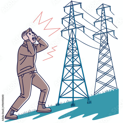 Man covering his ears while standing next to high voltage power transmission towers with red noise lines emanating from them