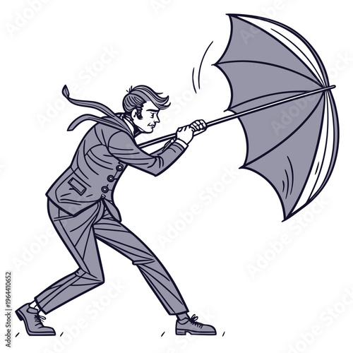 Man struggling to hold onto umbrella in strong wind