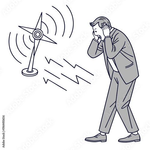 Man covering his ears from loud noise of a wind turbine