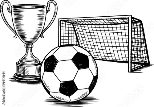 Hand Drawn of Soccer Ball Trophy and Goal White Background football