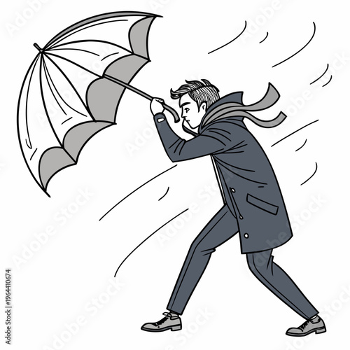 Man struggling to hold onto umbrella in strong windy weather conditions