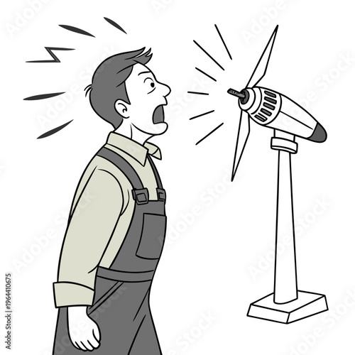 A man wearing overalls and a collared shirt is startled by a small wind turbine
