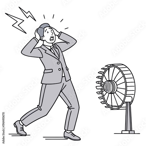 A stressed businessman covering his ears next to a large industrial fan