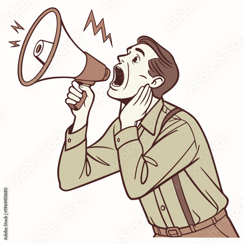 A cartoon man shouting into a megaphone with a strained expression on his face in a sepia tone