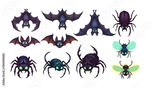 Collection of spiders and bats insects.