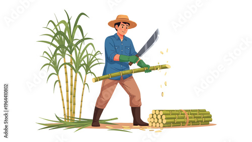 Sugarcane Harvesting: A farmer with a machete diligently harvests sugarcane in a sun-drenched field, showcasing the traditional agricultural practices and sustainable farming.