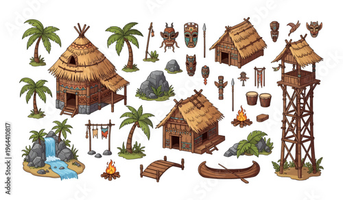 Collection of Tiki Hut Village with Palm Trees.