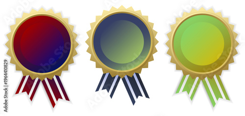 高級感のあるリボン付きエンブレムバッジセット、カラフルなグラデーションと立体感のある表彰用ロゴ素材