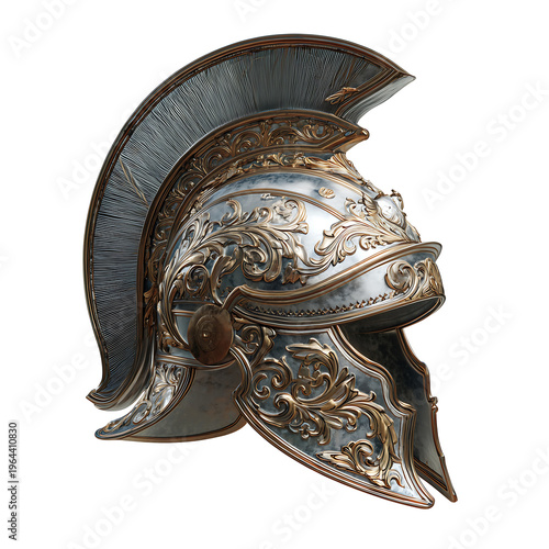 Ancient Greek warrior helmet with intricate design and gold accents on display