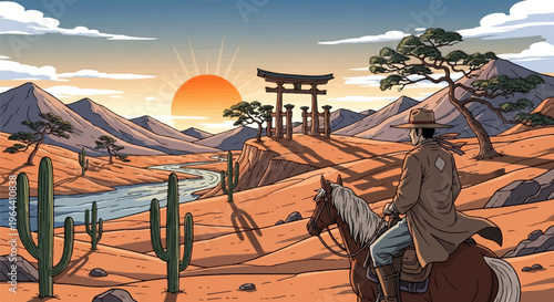 Lone rider in a pixelated desert landscape at sunset