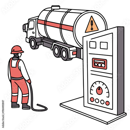 A cartoon illustration of a worker in red uniform refueling a large tanker truck with a warning sign on the side near a control panel