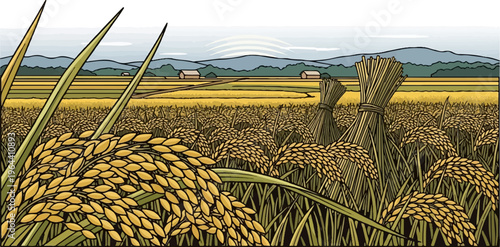 Lush rice field with harvested bundles and distant mountains under a hazy sky