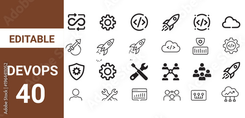 DevOps line icons set. DevOps outline icons with editable stroke collection. Includes Coding, Key, DevOps, 