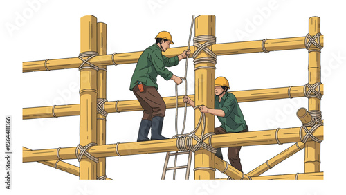 Crafting Bamboo Structure: Skilled artisans meticulously construct a bamboo scaffolding, demonstrating the precision and artistry of traditional craftsmanship.