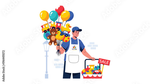 Joyful Toy Vendor: A friendly vendor is selling colorful balloons and diverse toys, creating a whimsical scene with a sign of a sale for attracting people. 