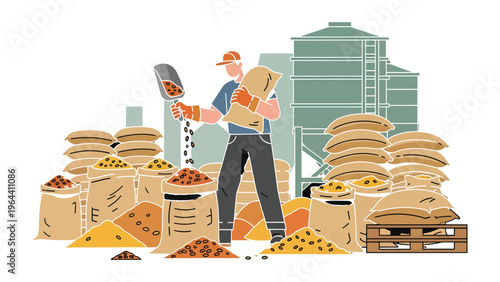 Industrial Work: A focused worker carefully handles sacks of grain in a bustling industrial setting, illustrating the processes and labor within the grain industry.