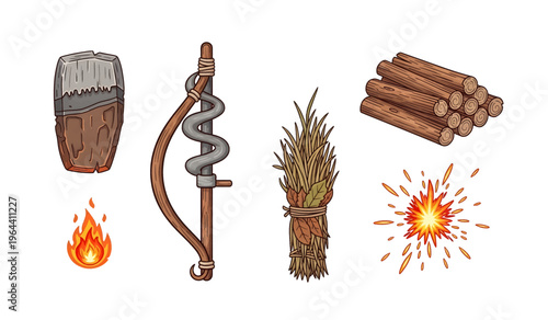 Collection of Primitive hunting tools and fire.