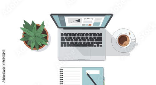 Top View Minimalist Workspace Illustration with Laptop, Coffee, Potted Plant, and Notebook on White Background