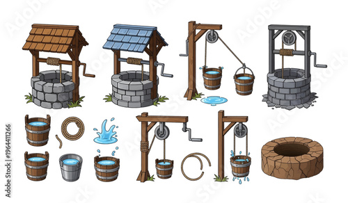Collection of Well Bucket and Wooden Structures.