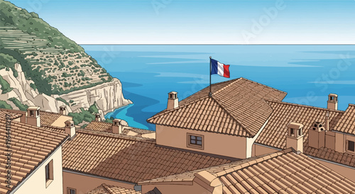 Rooftops and coastline with a French flag flying by the blue ocean