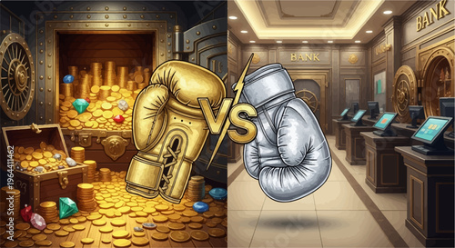 Split image golden boxing gloves in vault vs silver gloves in bank