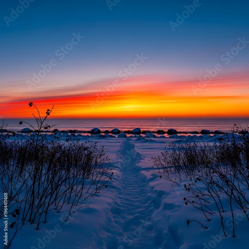 Golden Sunset Over a Snowy Coastal Path  Serene Winter Landscape