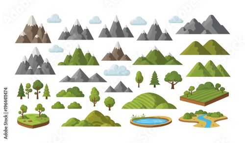 Collection of various mountain and tree illustrations.