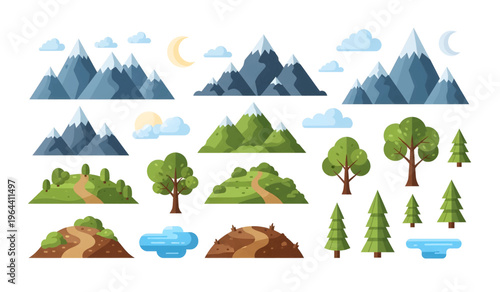 Collection of trees and mountains icons.