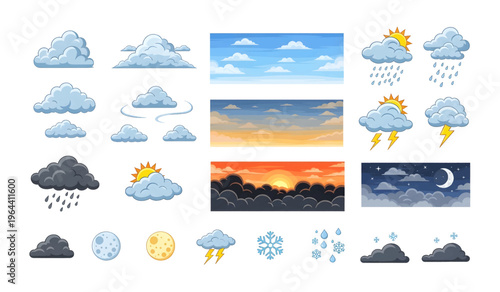 Collection of Weather icons with clouds and sun.
