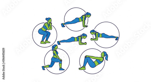 Set of five fitness exercise illustrations featuring a person performing squat, push-up, plank, mountain climber, and sit-up workout poses in green and blue flat cartoon style inside circular frames. 