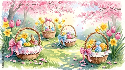 Watercolor Easter Spring Garden with Eggs, Flowers, and Soft Pastels Aesthetic