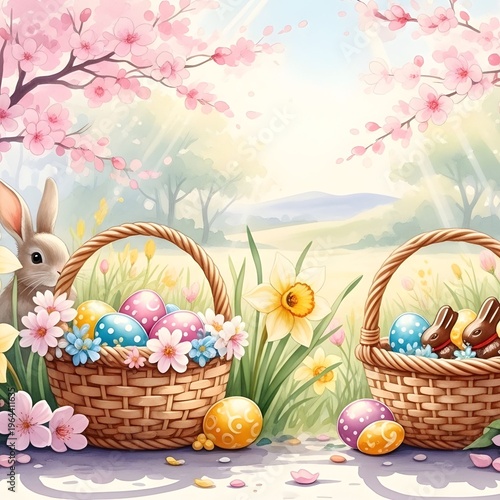 Watercolor Easter Spring Garden with Eggs, Flowers, and Soft Pastels Aesthetic