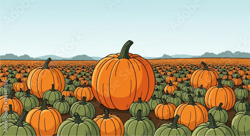 Vast field of vibrant orange and green pumpkins under a clear sky