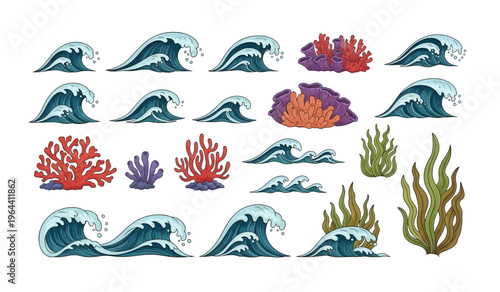 Collection of Coral Reef Ocean Waves Sea Creatures.