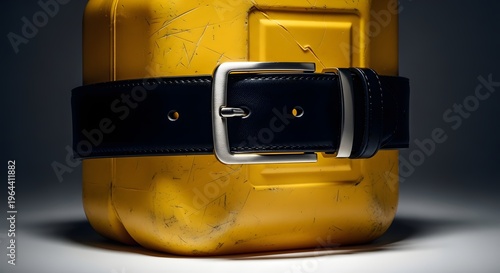 A worn yellow fuel container tightly cinched by a black leather belt, a poignant visual metaphor for energy austerity, fuel rationing, and the economic squeeze of rising costs