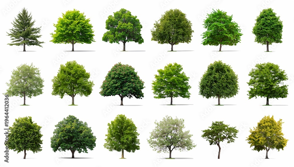 Fototapeta premium Various types of vibrant, green trees, perfect for any landscaping project, offering a variety of shapes and styles. A collection of diverse tree specimens ideal for design.