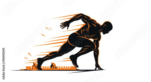 A dynamic vector illustration of a male sprinter explosively starting a race. The bold black silhouette is accented with vibrant orange highlights and motion lines, conveying intense speed and power..