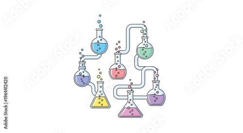 Colorful chemistry laboratory flasks and beakers connected with tubes and pipes in pastel pink, blue, yellow, and purple colors in cute doodle cartoon style on white background. Science and chemistry.