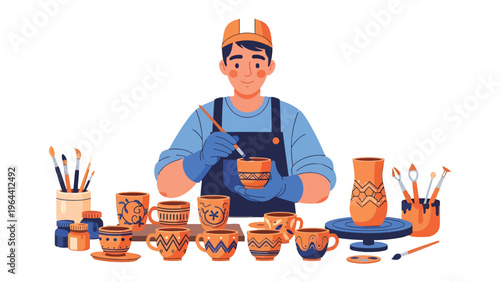 Craftsman's Workshop: A skilled artisan meticulously works on pottery, surrounded by a collection of his beautiful ceramic creations. The scene radiates a sense of creativity, skill.