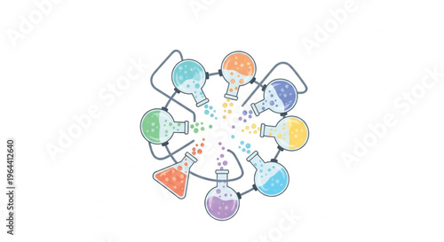 A clean, flat vector illustration featuring a circular arrangement of colorful laboratory flasks. Each flask is tilted, pouring vibrant, bubbling liquids toward a central point.