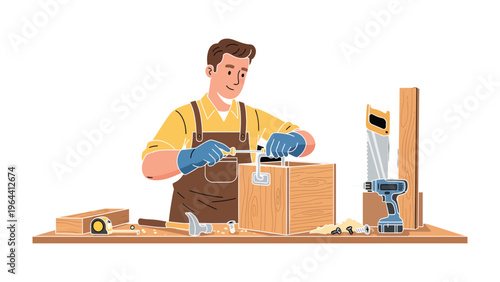Craftsman's Workshop: Capturing the skill and precision of a craftsman as he meticulously works on a wooden box, a testament to the art of woodworking.