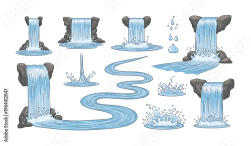 Collection of Water flowing from rock waterfall.