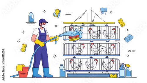 Poultry Farm Hygiene: A dedicated worker diligently cleans a poultry farm, ensuring optimal hygiene and care for the chickens in the aviary
