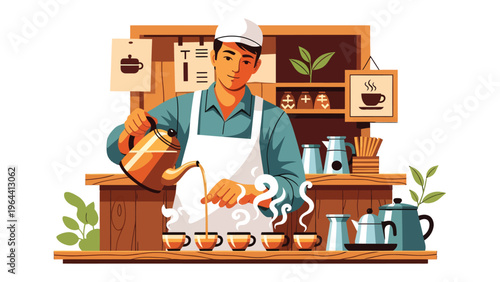 Brewmaster's Art: A focused brewmaster, in a traditional setting, skillfully pours freshly brewed tea into a row of teacups, representing the essence of quality and aroma. 