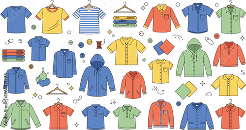 Vector Illustration Set of Men's Tops and Shirts Including T-shirts Polo Shirts Hoodies and Button-down Shirts Isolated on White