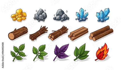 Collection of firewood and leaves icons.