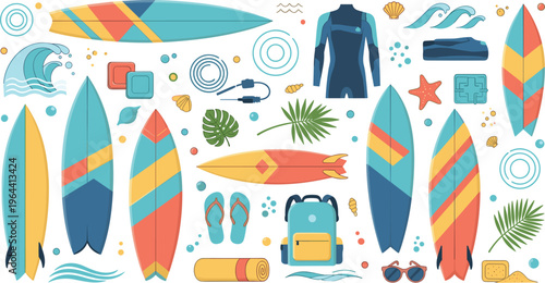 Summer Surfing Vector Set Featuring Colorful Surfboards Wetsuit Waves Flip Flops and Beach Accessories for Tropical Vacation Sport and Coastal Lifestyle Designs