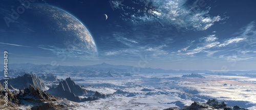 Futuristic alien landscape with distant planet and icy terrain