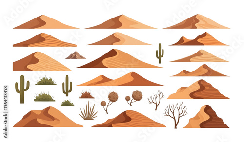 Collection of Desert landscape with mountains and cacti.