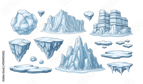 Collection of Icebergs in various shapes floating freely.